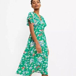 Loft Green Floral Flutter Sleeve Midi Petite Dress with Pockets Size 0 Petite